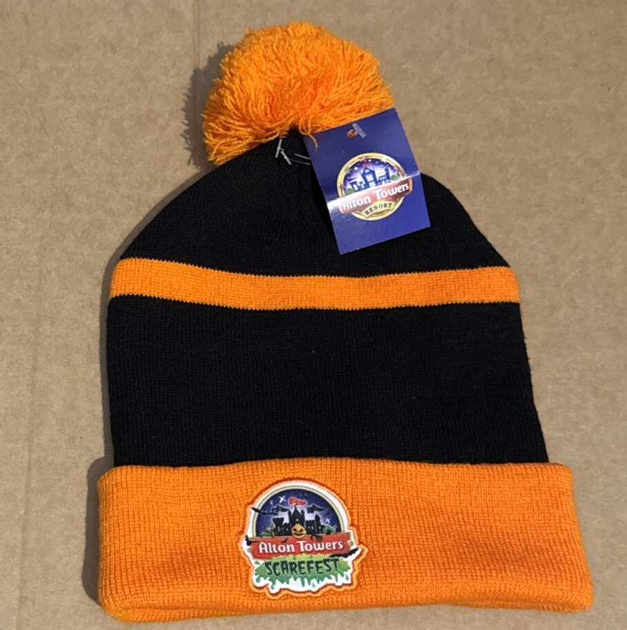 Alton Towers Scarefest Beanie Hat Black And Orange With Bobble
