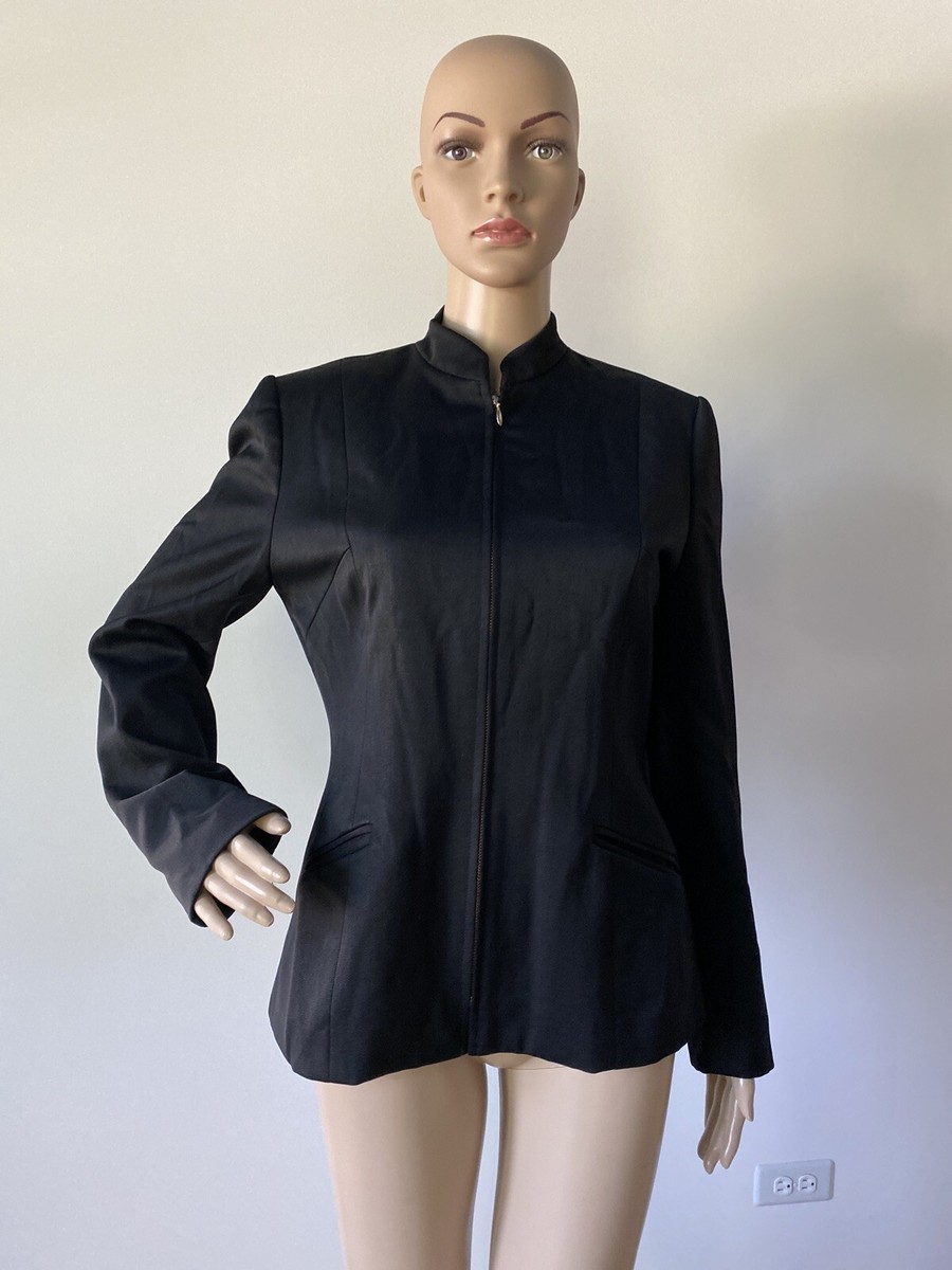 Casual Corner Black 100% Wool Jacket Coat Zipper Front Stand