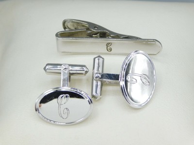 Initial C 925 Sterling Silver Cufflinks & Tie Clip Set Signed B.A.B. BAB