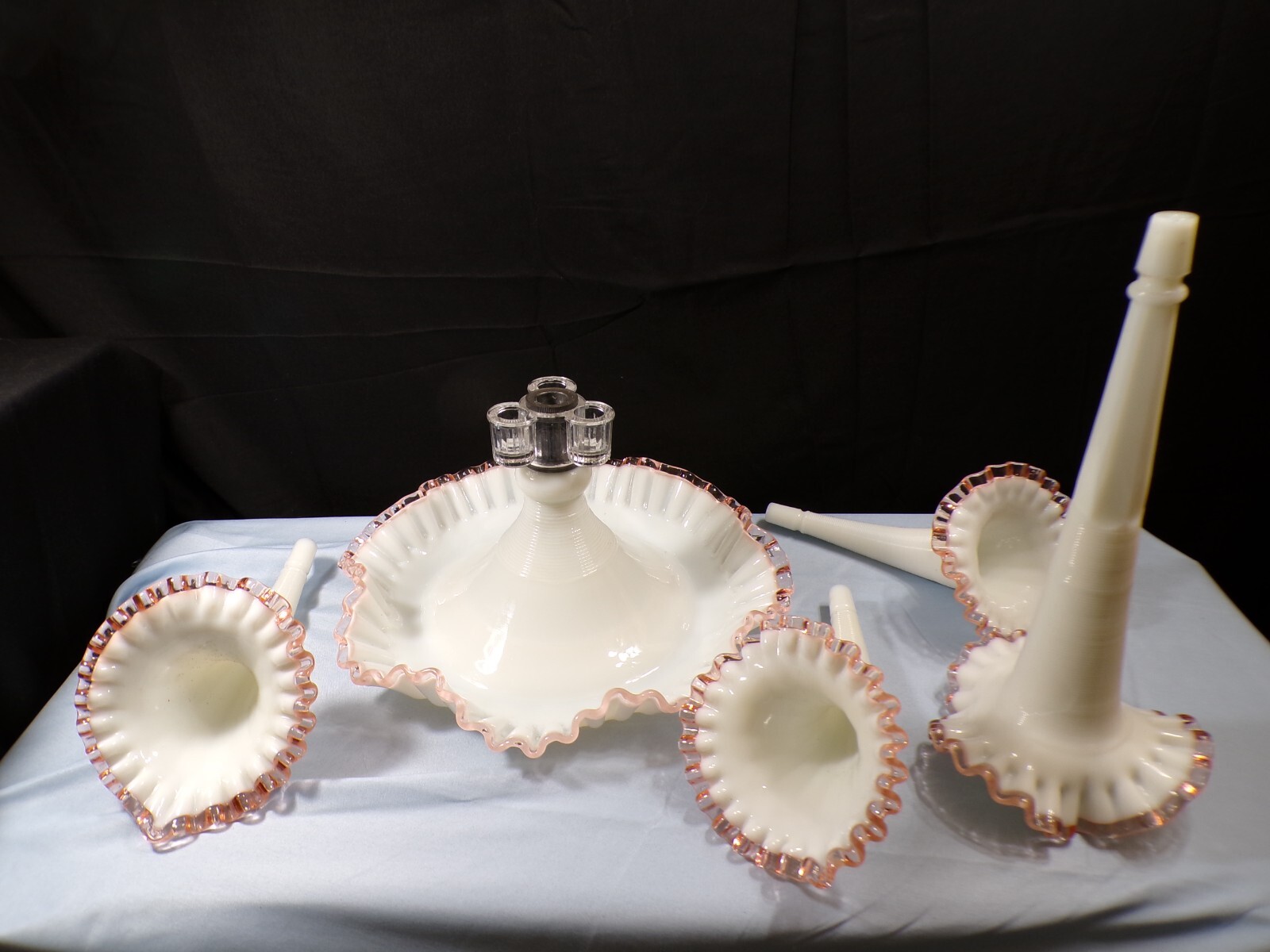 Fenton For L.G. Wright Milk Glass Pink Rose Crest Four 4 Horn Epergne