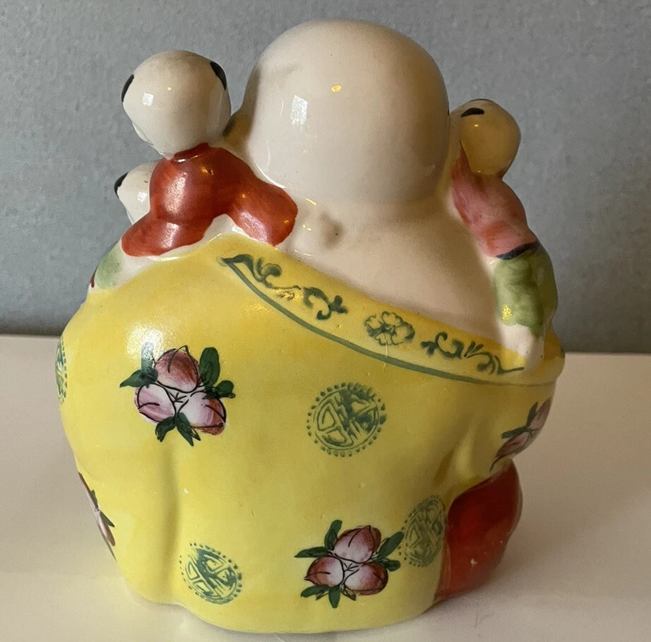 vintage chinese porcelain HAND PAINTED LAUGHING BUDDHA W/5 Children Figurine - Image 3 of 4