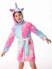 Kids Girls Soft Unicorn Hooded Bathrobe Warm Fuzzy Fleece Robe Sleepwear Gifts