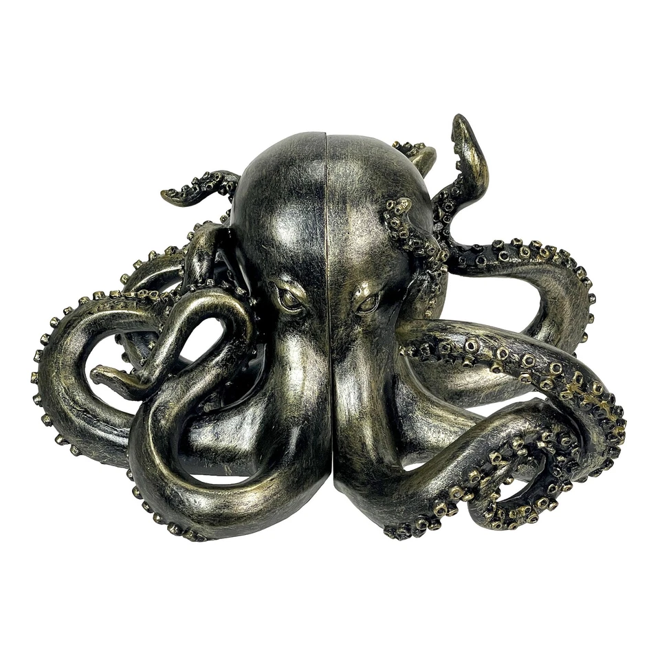 Bronze Octopus Bookends Set of 2 Nautical Polyresin Coastal Shelf Decor - Image 2 of 4