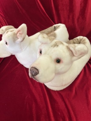 Cuddle Clones Realistic Dog White Brown Pit Bull Terrier Pitty Dog Slippers Lg