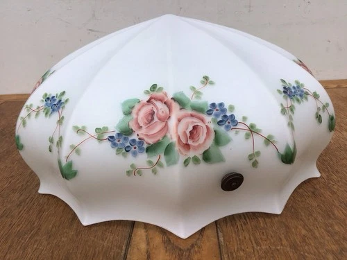 LARGE VINTAGE MILK GLASS PLAFFONIER CEILING LAMP SHADE, FLORAL DECORATION