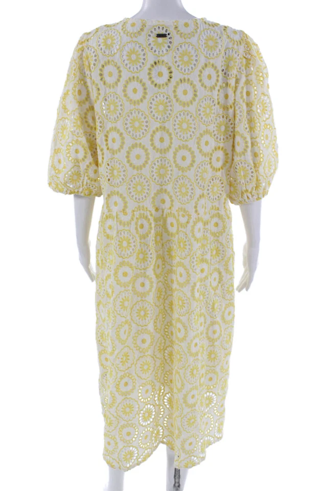 Barbour Women A-Line Sundress Yellow And White Floral Midi 3/4 Sleeve Tie Size 1 - Image 3 of 4