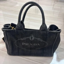 PRADA Canapa Tote Bag Dark Gray Leather with Removable Shoulder Strap Authentic