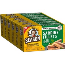 Season Sardines Skinless Boneless in 100 Olive Oil, Pack of 6, Wild-Caught,
