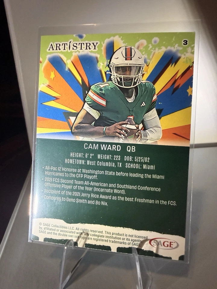 2025 Sage Artistry - 银色 #3 Cam Ward - 泰坦 RC — 第 2/2 张图片