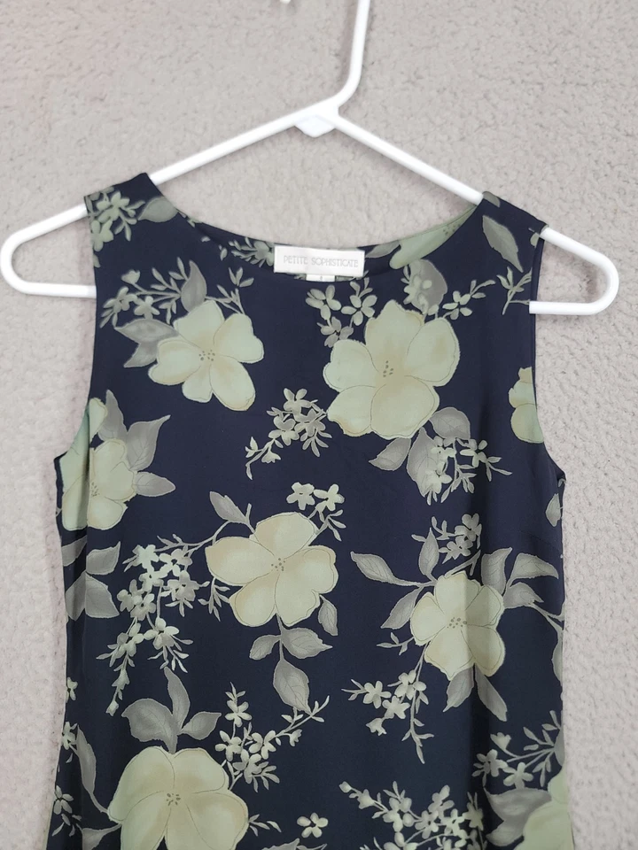 Vestido Vaina Floral Vintage Años 90 Seda Talla 0 Pequeño Sofisticado Cuello Barco Azul Foto 3 de 4