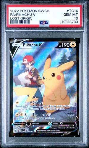 2022 POKEMON SWORD & SHIELD LOST ORIGIN #TG16 FULL ART/PIKACHU V PSA 10