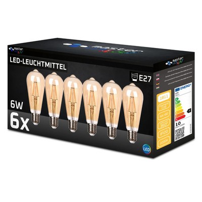 6er Set LED E27 6W MasterLED ST64 Filament 540lm Bernstein 2200K Edison Birne
