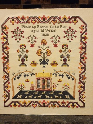 Vintage Sampler Completed Cross Stitch Repro Rachel De La Rue Age 14 Years 1828