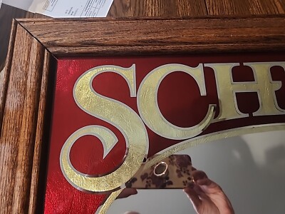 Vtg SCHLITZ BEER Mirror Bar Sign 1981 Red & Gold in Wood Frame 26