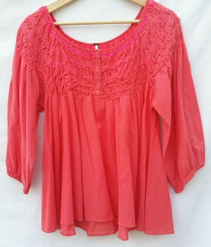 Free People Blouse Top Orange Honey Comb Smocking