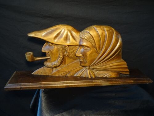 Original Antique French Carved Wood Man & Pipe With Wife Shelf Sculpture Signed - Bild 1 von 12