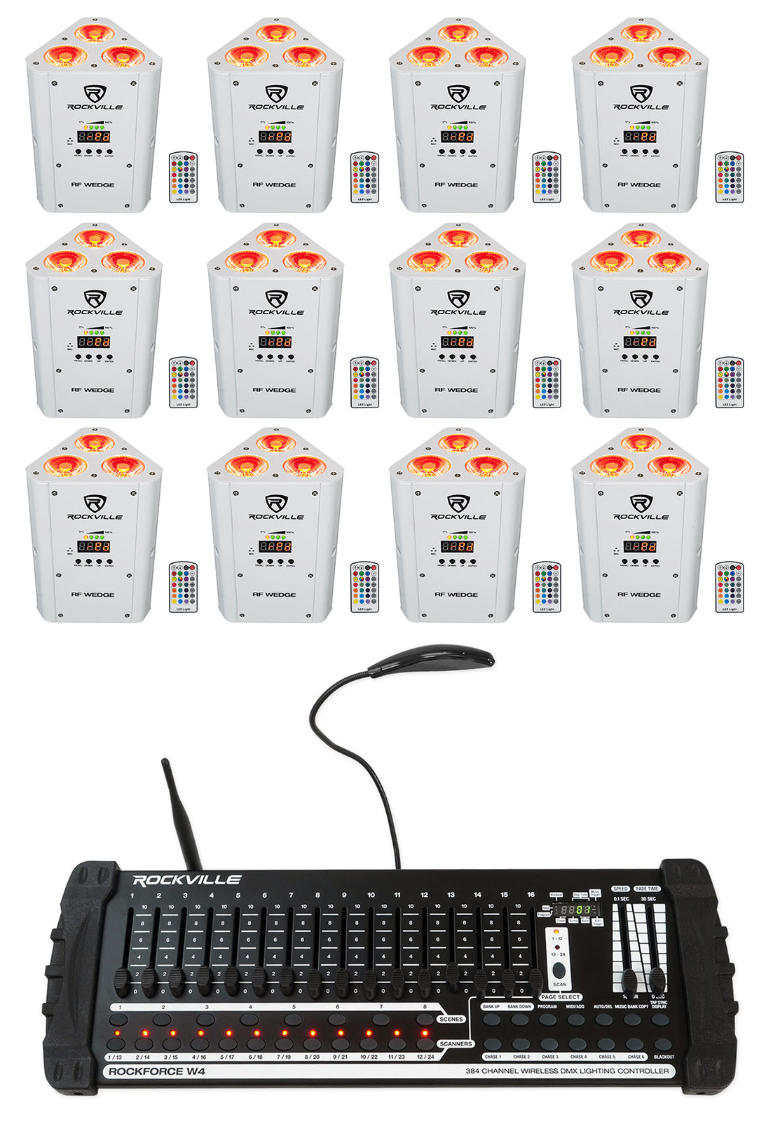 (12) Rockville RF WEDGE WHITE RGBWA + UV Беспроводное освещение DMX Up+ 384-канальный контроллер