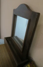Vintage Hand Carved Wood Shaving Mirror Wall Hung + Shelf Brush Box 
