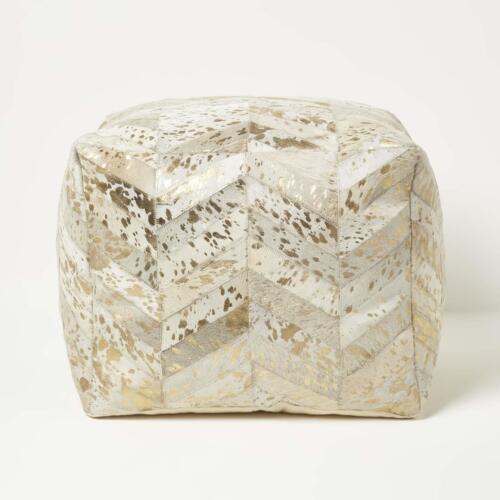 Handcrafted Real Leather Pouffe Cube Bean Bag with Chevron Pattern, Gold & Grey - Picture 1 of 6