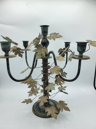 Antique VERDIGRIS CANDELABRA or CANDLESTICK 5 Taper Candles Vines Leaves