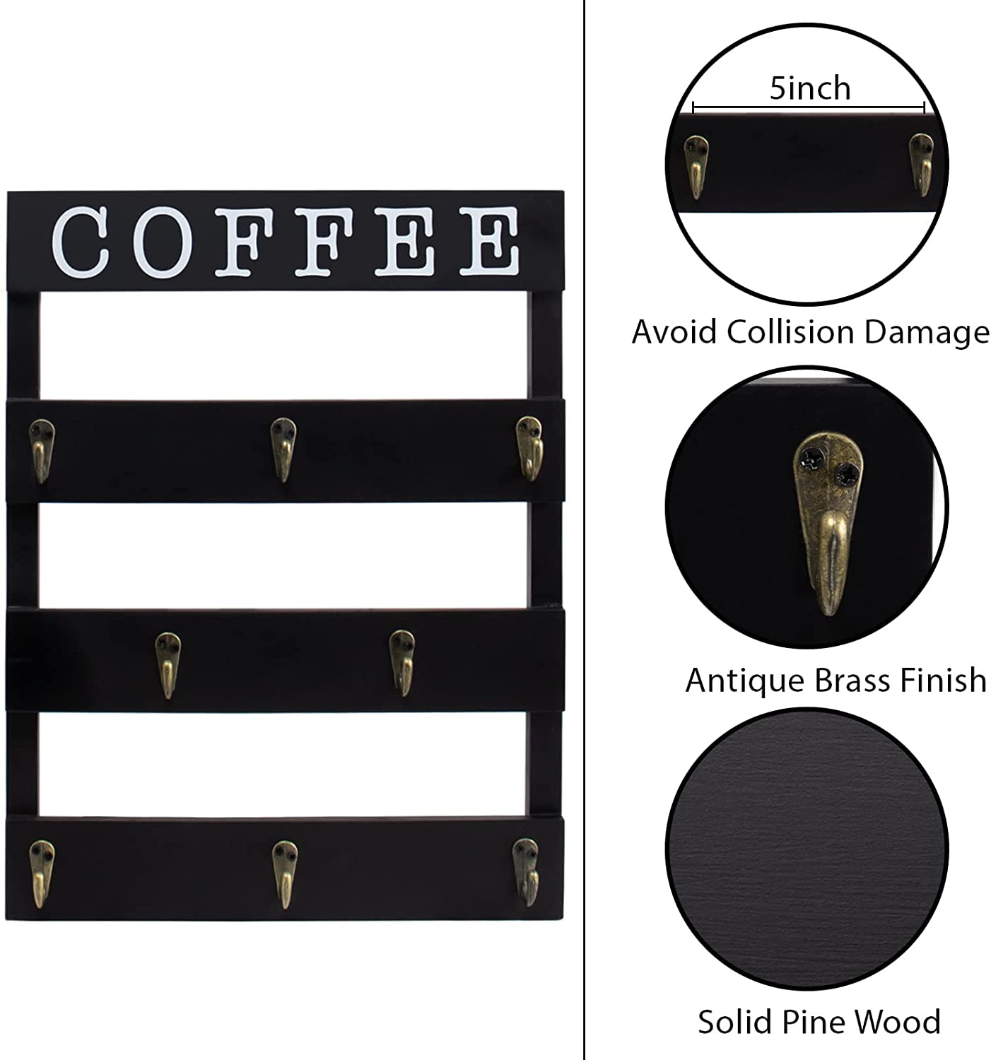 EMAISON Solid Wood Coffee Mug Holder Wall Mounted, Rustic Cup Rack with 8 Hooks 313021196158 eBay