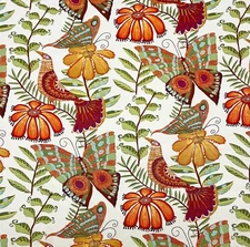 VILBER LARGE BIRD & BUTTERFLY  CREAM COTTON BASKETWEAVE FABRIC BY YARD 54"W