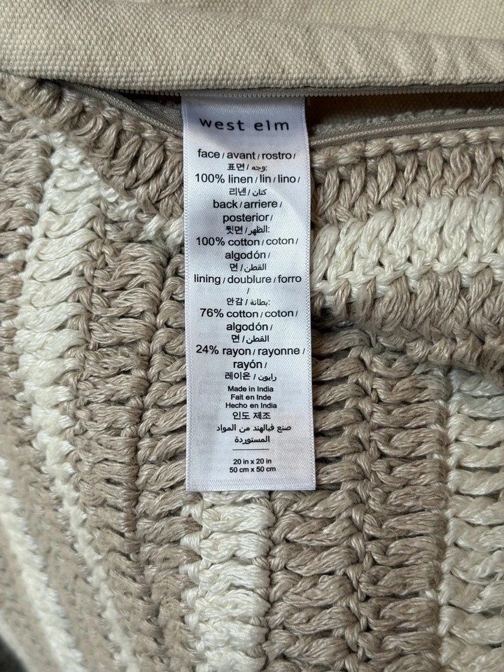 Funda de Almohada West Elm Crochet Lino 20"x 20" Boho Minimalista Escandí Neutra Foto 2 de 4
