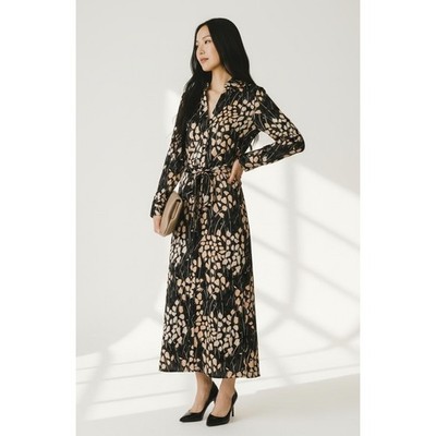 Richard Allan x H&M Abstract Print Maxi Dress Black Tan Long Sleeve Size 6