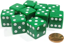 Set of 10 Large Six Sided Square Opaque 19Mm D6 Dice - Green with White Pip Die