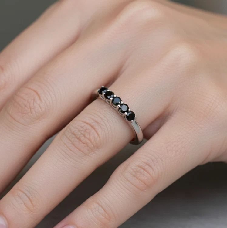 Sterling Silver Half Eternity Black Onyx Gemstone Ring Stackable Five Stone Band - Image 4 of 4