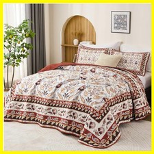 King Size Quilt Sets, Burgundy Floral Quilt Set King 3 Pieces Red Boho Bedspr...