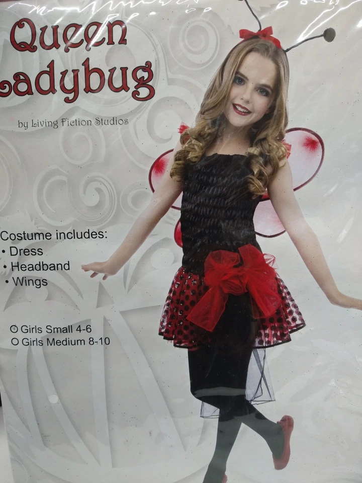 Cute Girls Red Black Queen Ladybug Costume Size 4-6 Dress Wings Antenna Headband - Image 3 of 4