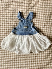 OshKosh B'gosh Girls Denim Overall Dress Blue/White Lace Eyelet 12-18M