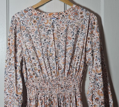 Old Navy Dress Size L Pink Floral Smocked Waist L/S Puff Midi Cottagecore - Picture 18 of 22