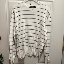 Polo Ralph Lauren Men's Knit Pima Cotton Striped Sweater White Navy XL Crew Neck