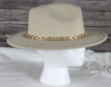 Beige Fedora Hat Wide Brim One Size Women's Polyester Gold Chain Band