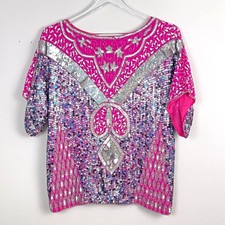 Vintage Sequin Top Women Medium Pink Silver Beaded Silk 80s Glam Disco Party