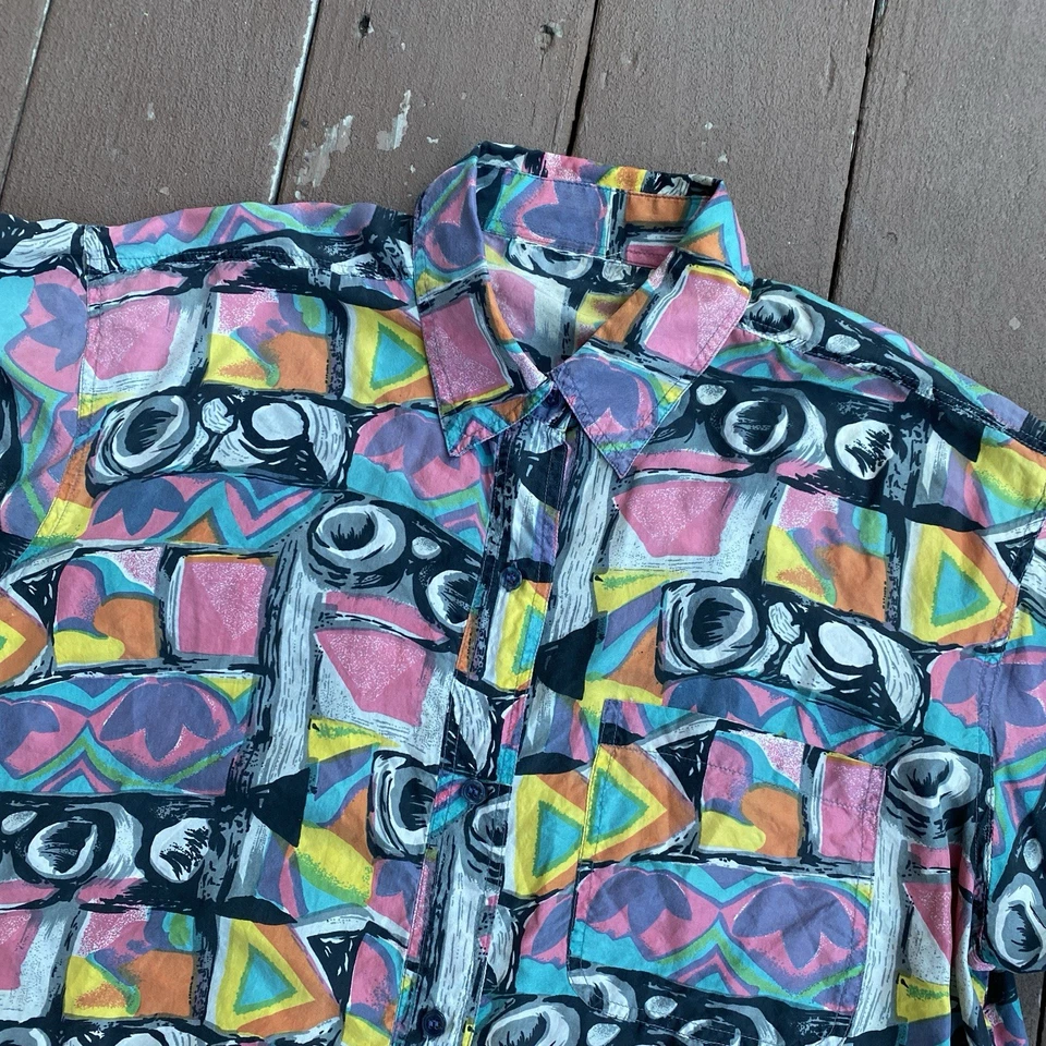 Vintage Kikomo 100% Silk Shirt Women's XL 90s Hip Hop Art Abstract - Image 2 of 4