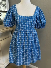 RHODE  TARGET Dress Blue Embroidered Eyelet  Cotton Puff Sleeve Mini XS NWT