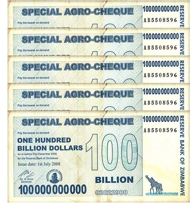 100 Billion Dollars Zimbabwe Special Agro Cheque, P-64, Used X 5 PCS