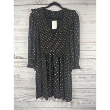 Madewell Dress Womens Small Black Polka Dot Smocked V Neck Long Sleeve Fit Flare