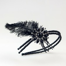 Flapper Headband Double Row Beads W/ Jeweled Flower Ornament  Feather