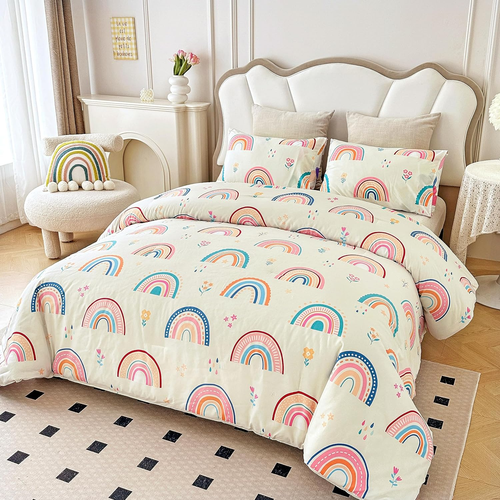 Lightweight Soft 3 Piece Rainbow Comforter Set with 2 Pillow Covers, Cartoon Lov - Picture 3 of 9