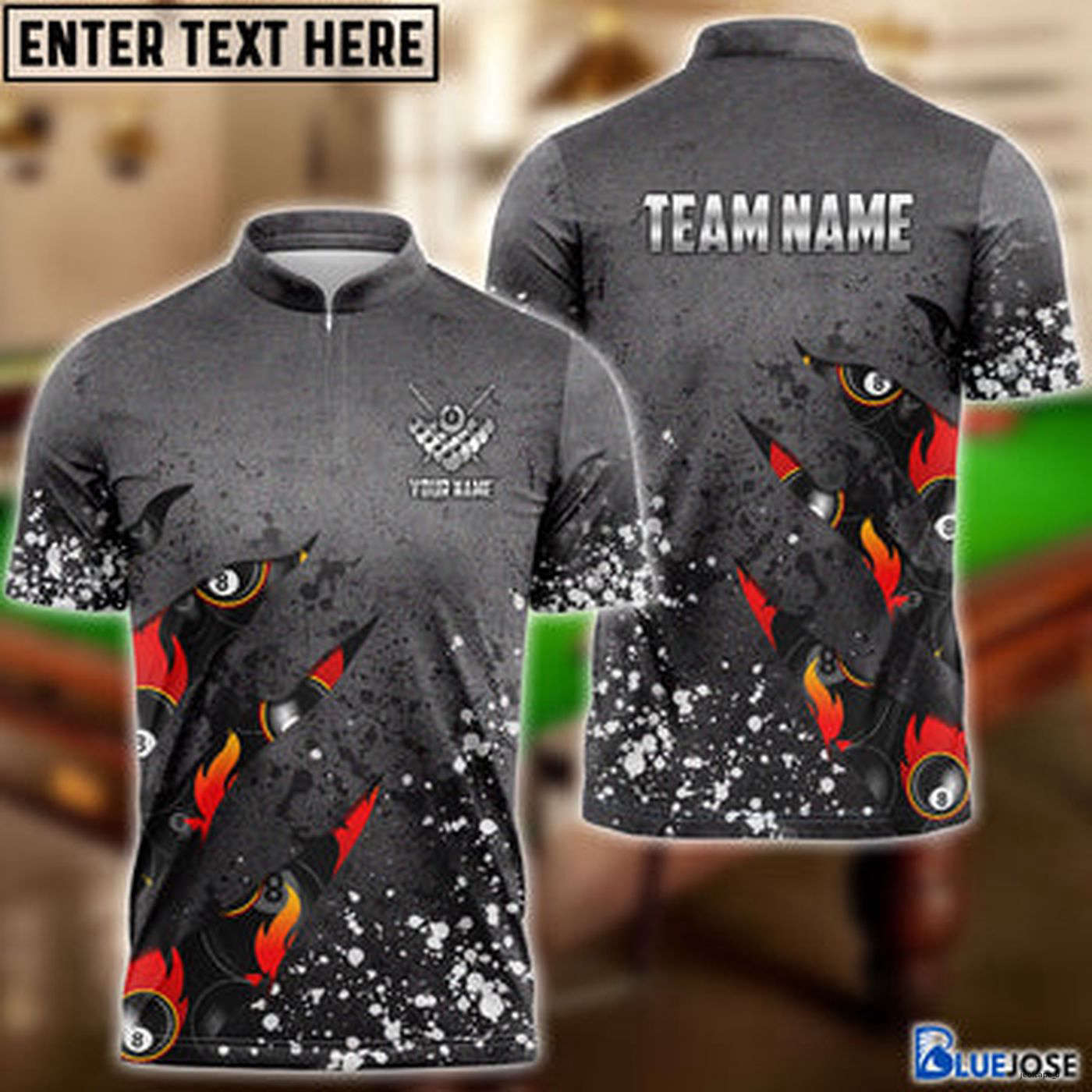 8 Ball Paint Splash Billiard Custom Name Zipper Polo Shirt