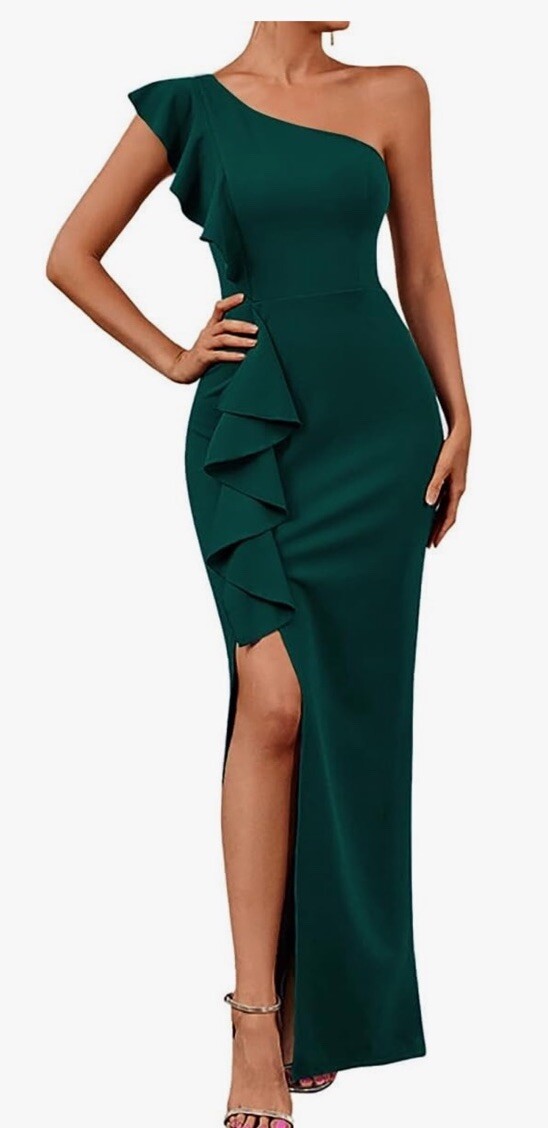 Rooscier Green L Cocktail Party Dress Stretchy One Shoulder Ruffle Maxi Slit