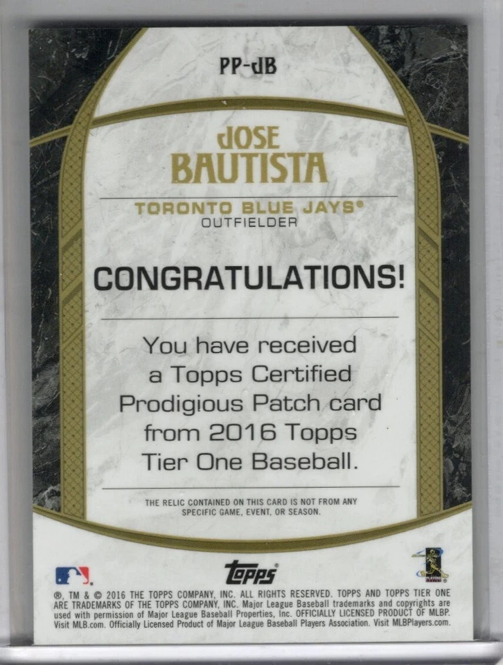 2016 Topps Tier One Jose Bautista Prodigious Patches 9/10 Tornonto Blue Jays - Image 2 of 2