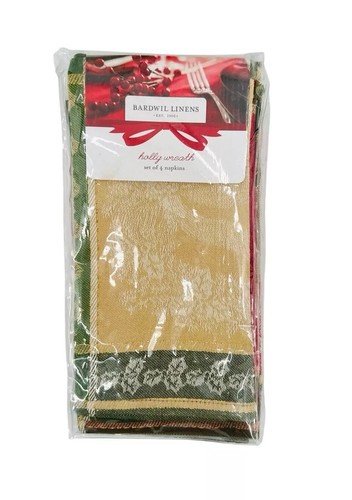 BARDWIL LINENS Holiday Napkins Set Of 4 Plaid Holly Wreath - Picture 3 of 7