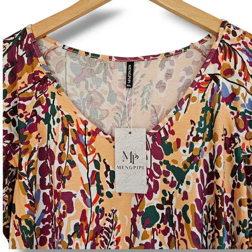 Mengpipi Floral Print V-Neck Short Sleeve Top Size XXL Lightweight Stretch NEW - Picture 4 of 9