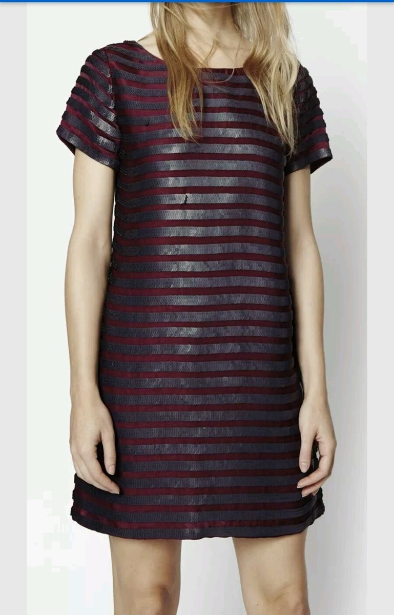 french connection red sequin dress French Connection NEW Red Womens Size 12 Striped Sequin Shift Dress $298  154