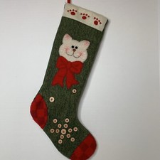 Cat with Bow Christmas Stocking For Cats Green Red Plaid Buttons Farmhouse